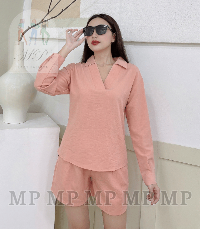 Set bộ nữ áo cổ sơ mi tay dài cổ xẻ chất linen sang mịn